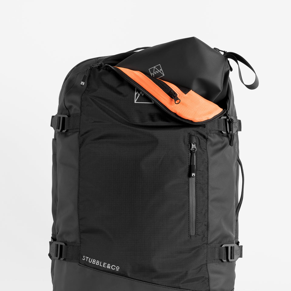Adventure Bag in Black front view with top pocket open