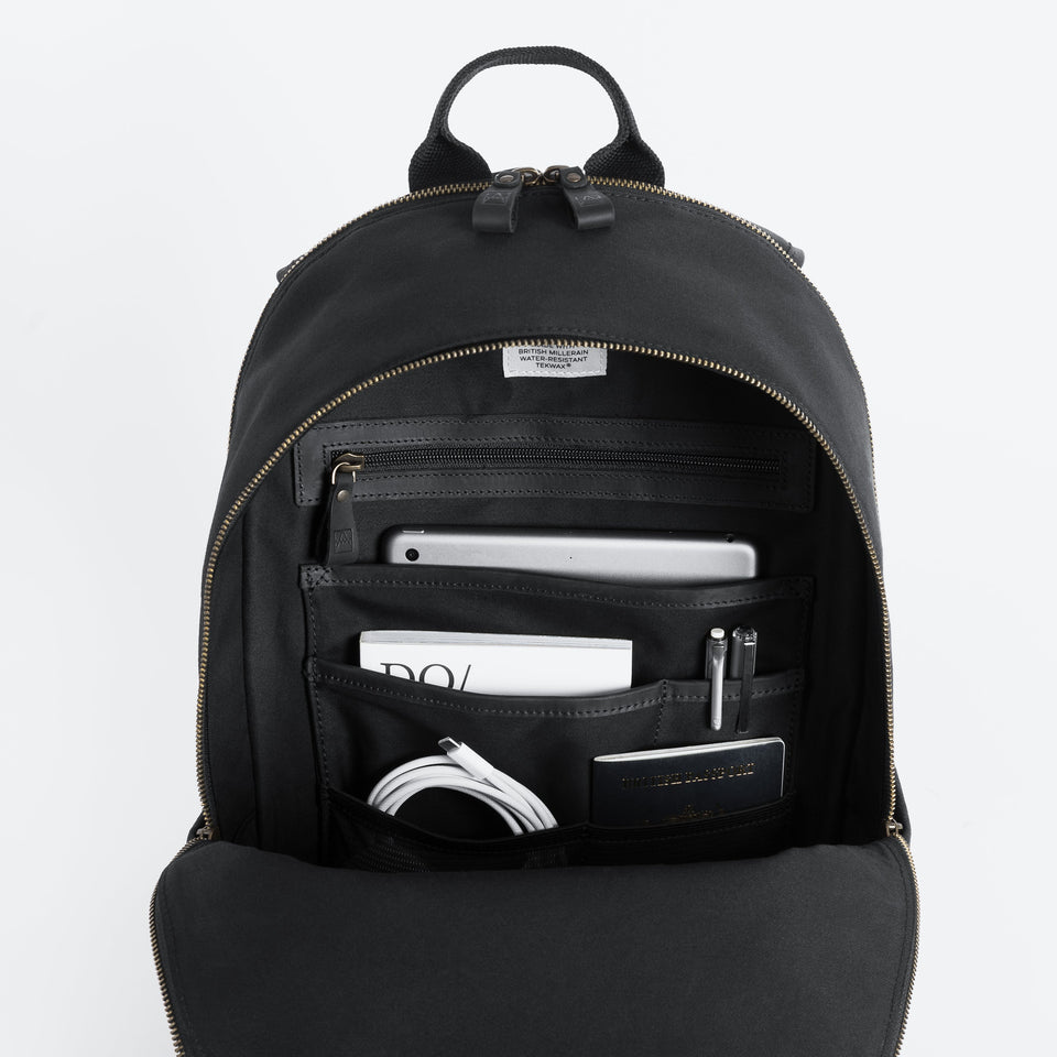 Commuter backpack open with compartments