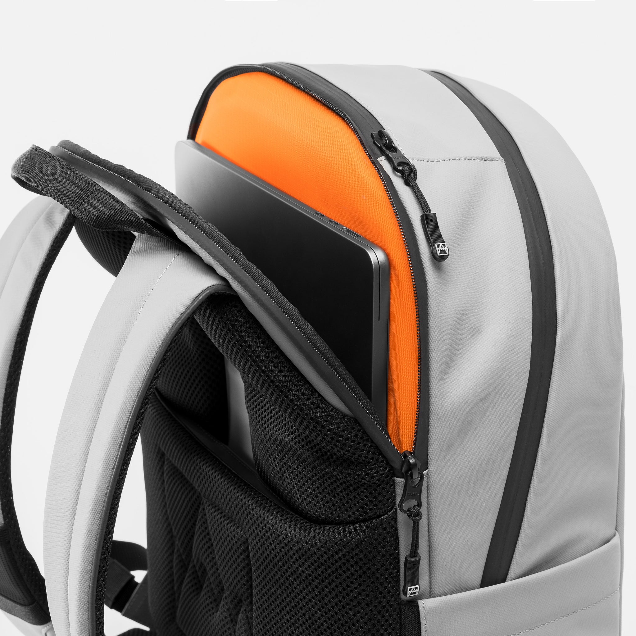 A studio shot of the breathable back panel and 17" laptop compartment on the Concrete Everyday Backpack 20L