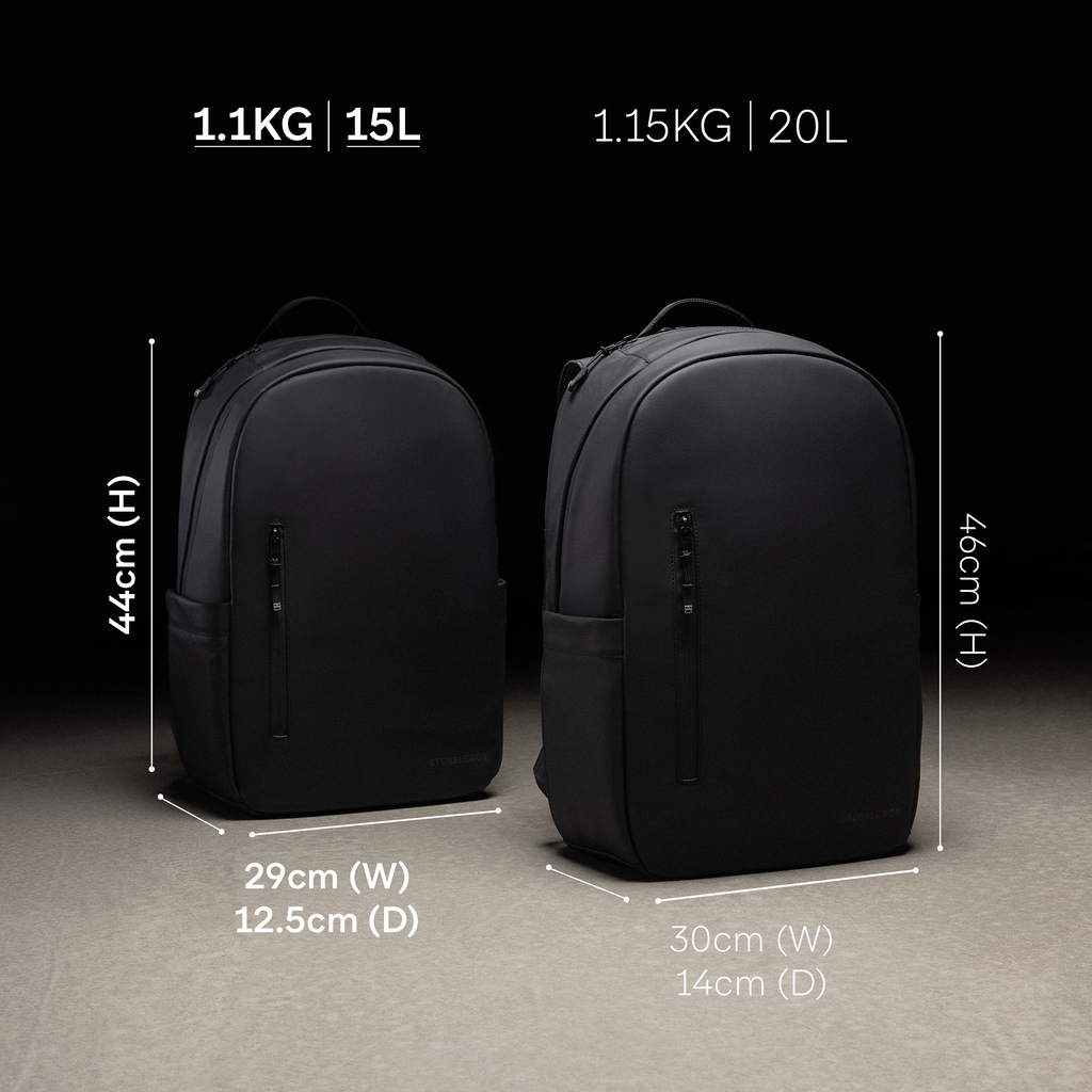 Everyday Backpacks with the dimensions annotated on them of their capacity, height, width and depth