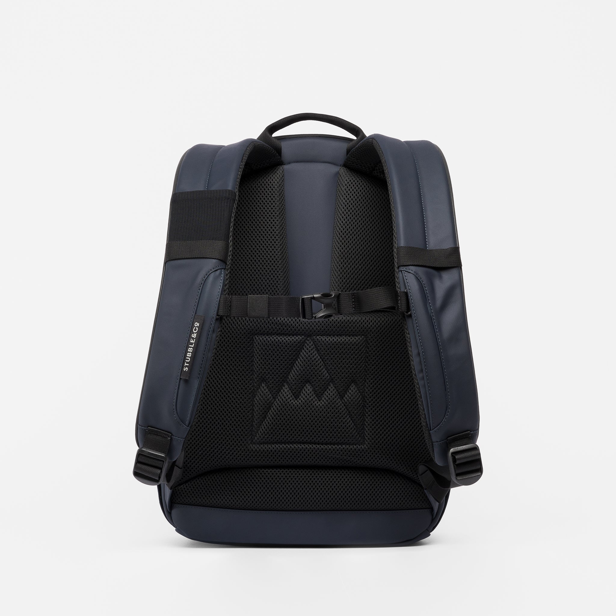 A studio shot of a Midnight Blue Everyday Backpack 15L showing the breathable air flow back panel