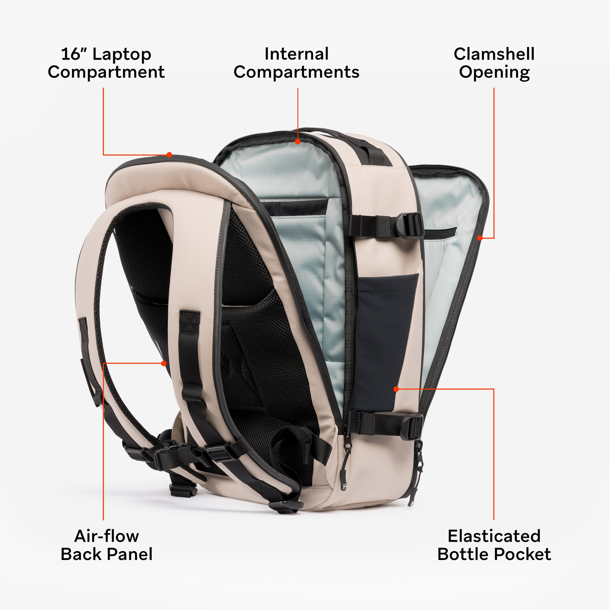 A studio shot of a Hybrid Backpack 20L in Sand with its features annotated