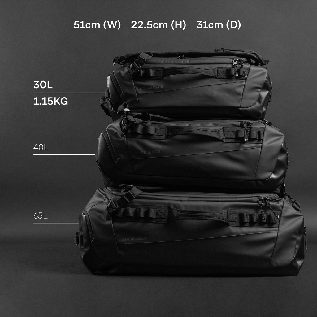a studio shot of a kit bag 30l with the dimensions annotated.