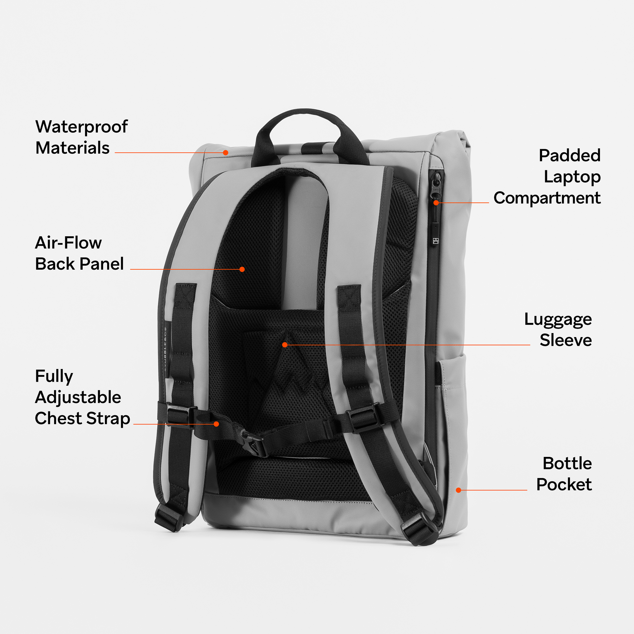A studio shot of the Roll Top 15L in Concrete showing the breathable back panel with the feature annotated