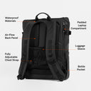 Back view of The Roll Top 20L Backpack in All Black with annotations showing the product features