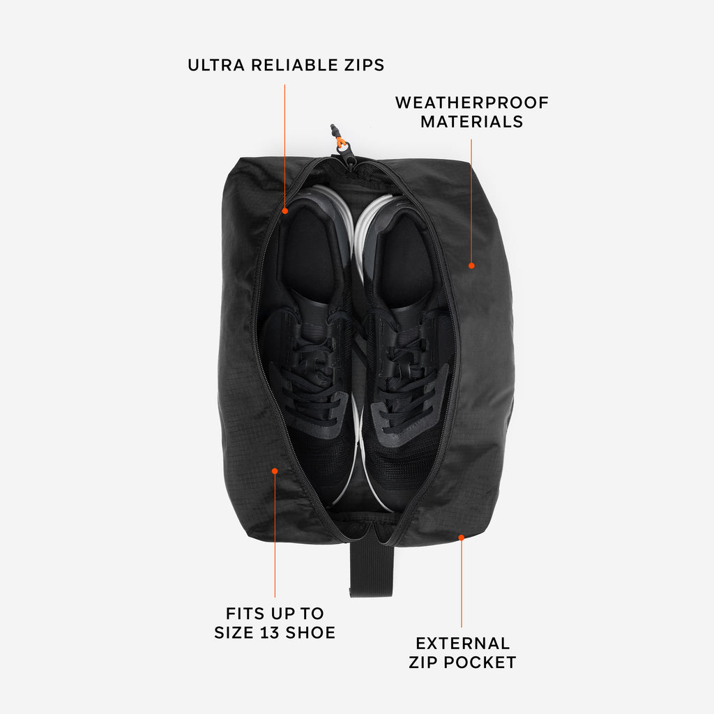 A studio shot of shoes inside the shoe bag with its features annotated in All Black
