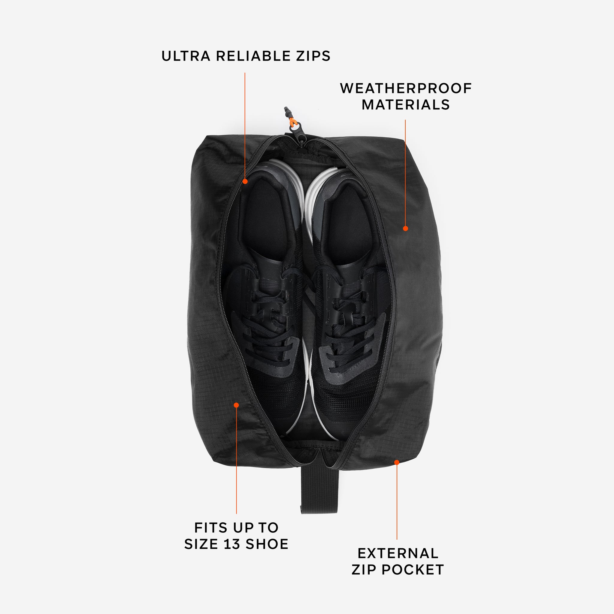 A studio shot of shoes inside the shoe bag with its features annotated in All Black