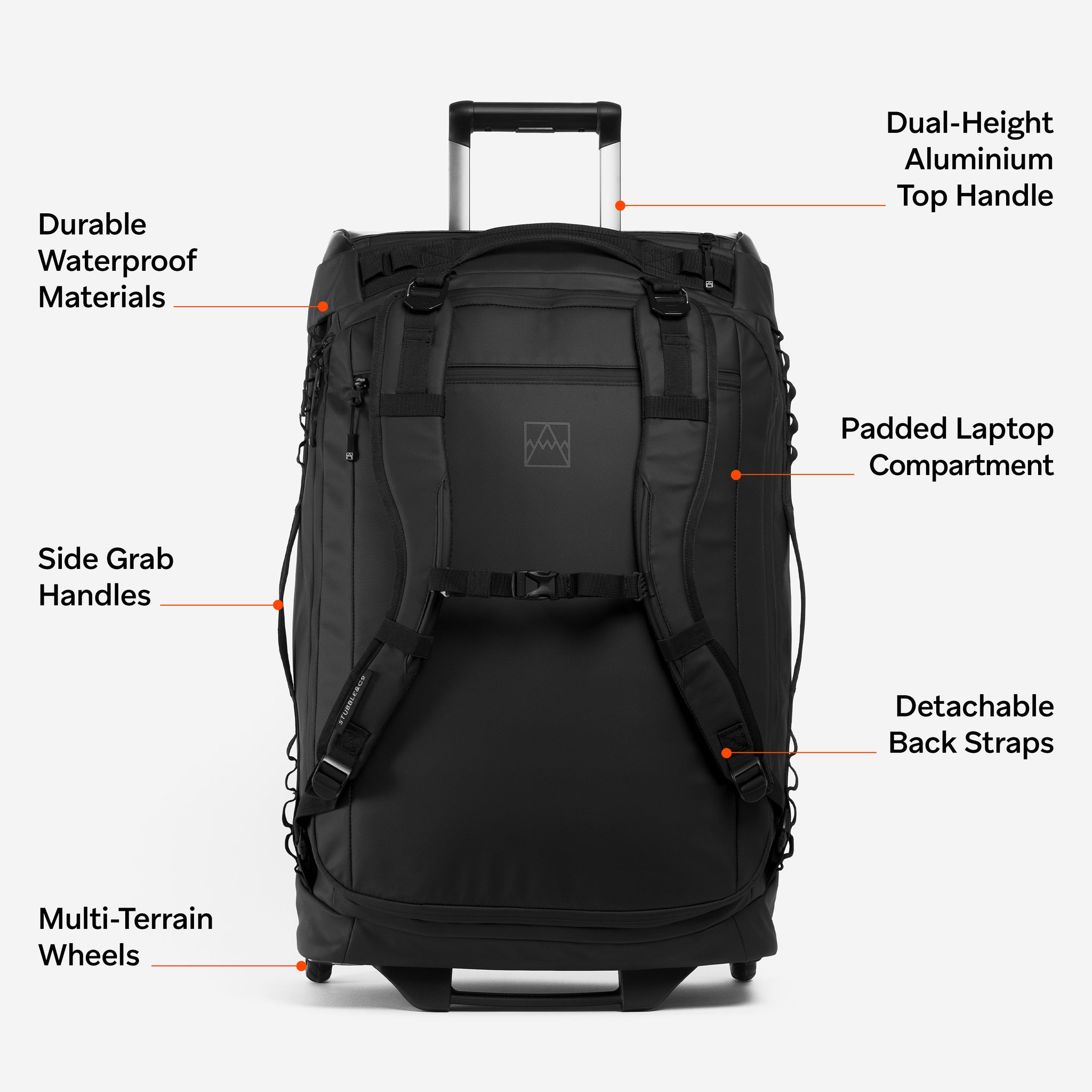 A studio shot of the All Black Wheeled Duffel 80L in All Black. The features are all annotated
