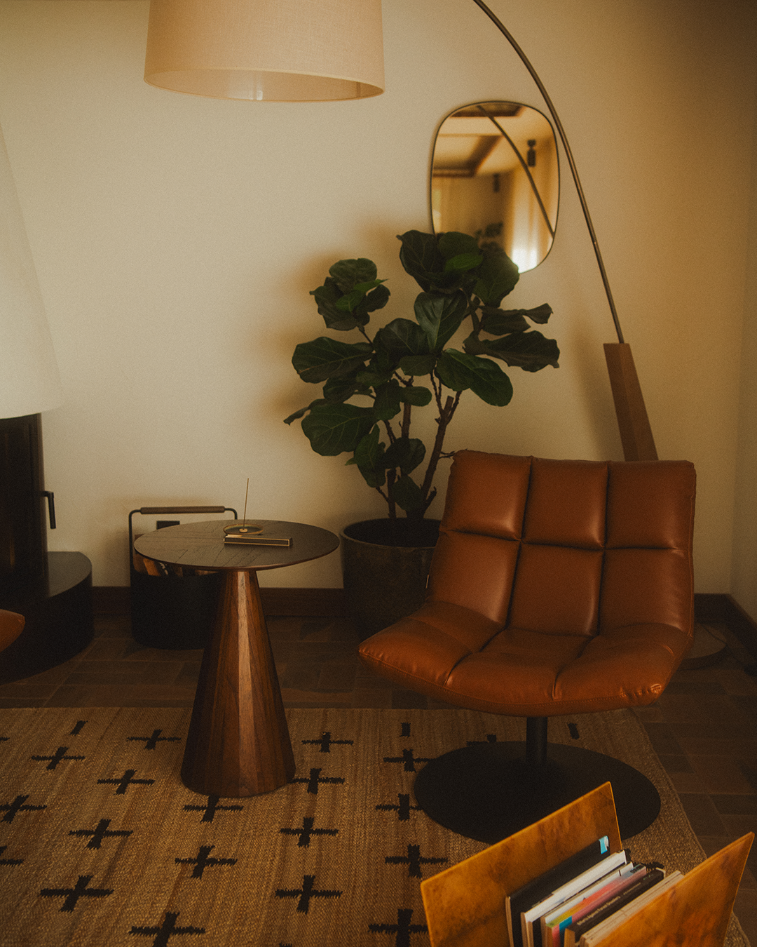 Cozy living room with brown leather chair, plant, and lamp.