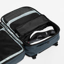 Adventure Bag in Tasmin Blue with clam shell inside view