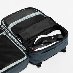 Adventure Bag in Tasmin Blue with clam shell inside view