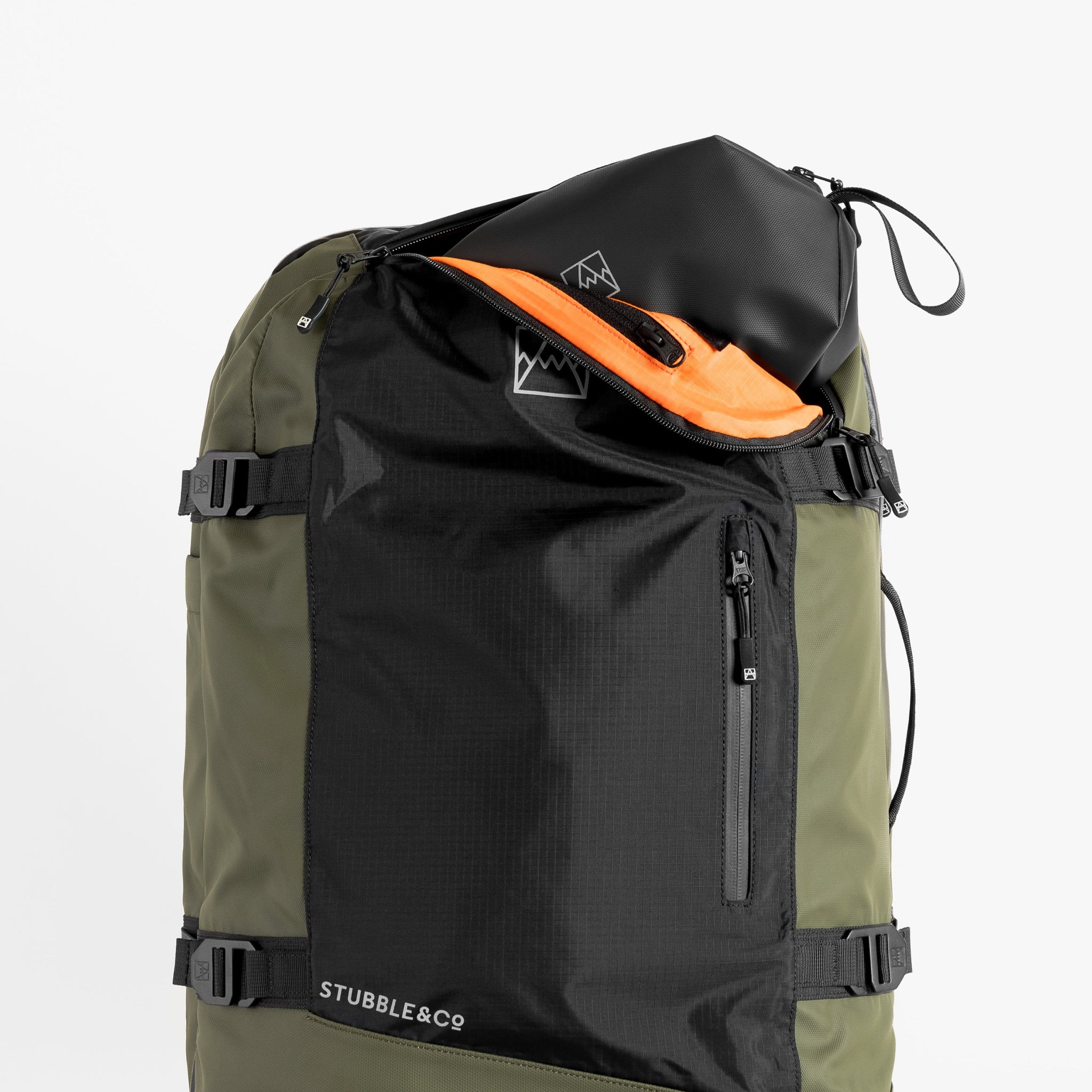 Adventure Bag in Urban Green top view with top pocket open