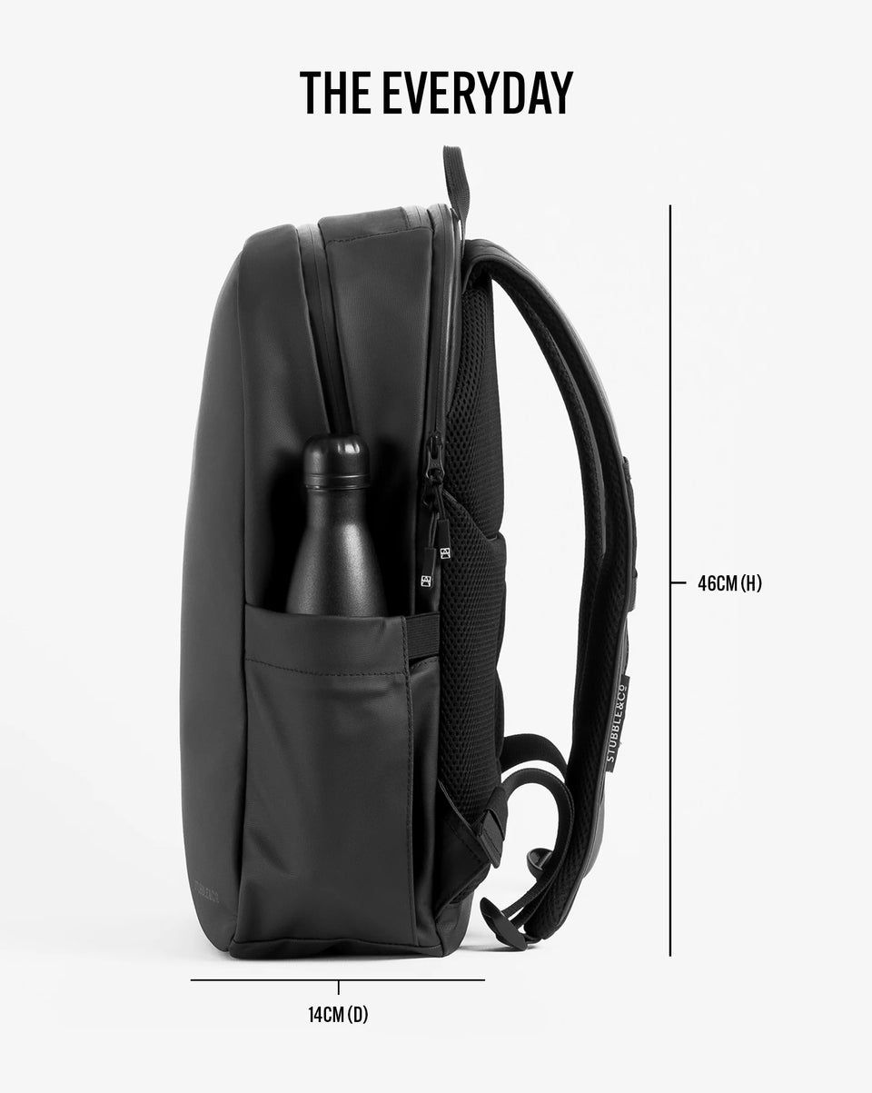 A studio shot of the everyday backpack with annotations of 46 cm height and 14cm depth