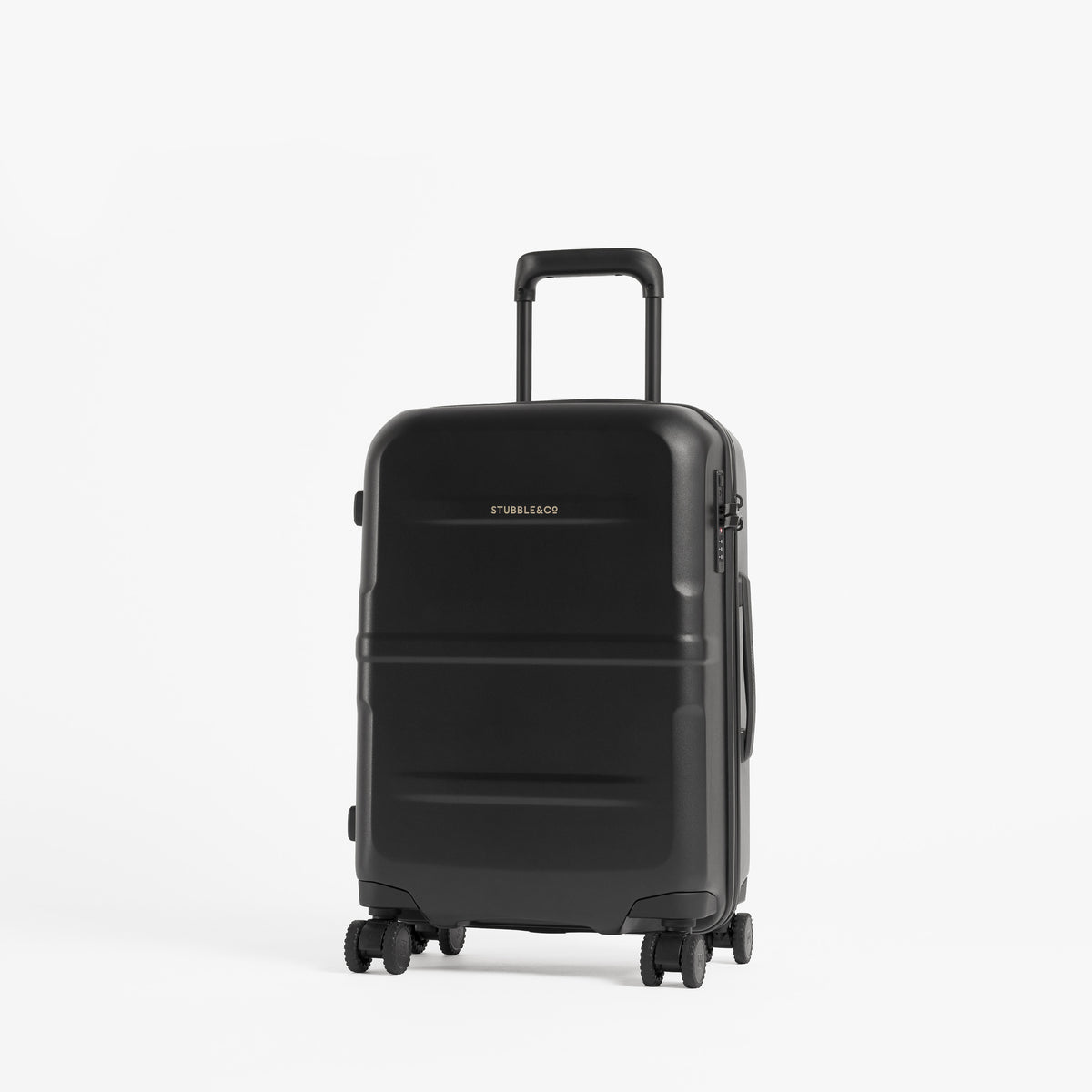 A black hard-shell spinner suitcase with an extended telescoping handle, standing upright on a clean white studio background. [All variants]