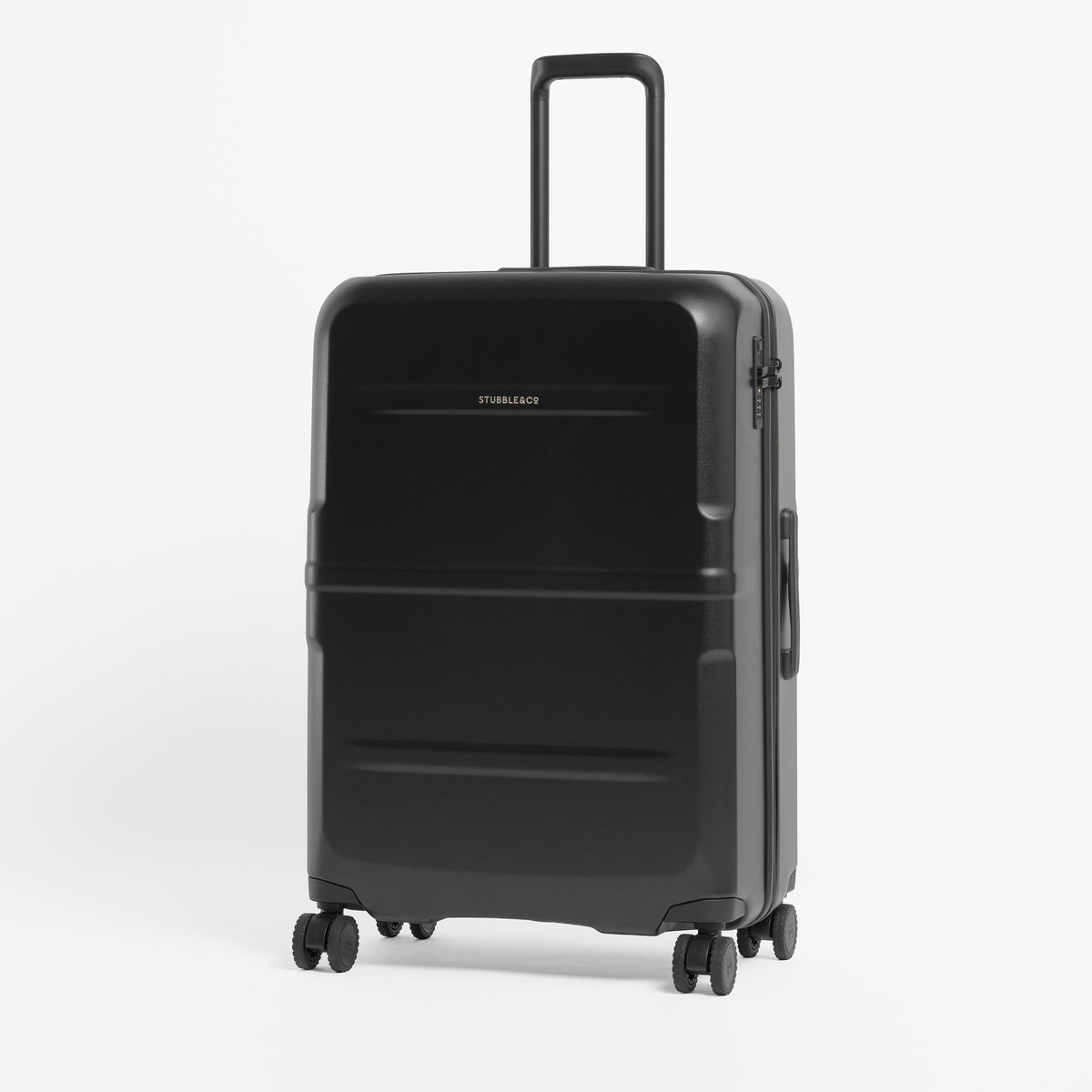 A black hard-shell spinner suitcase with an extended telescoping handle, standing upright on a light gray studio background. [All variants]