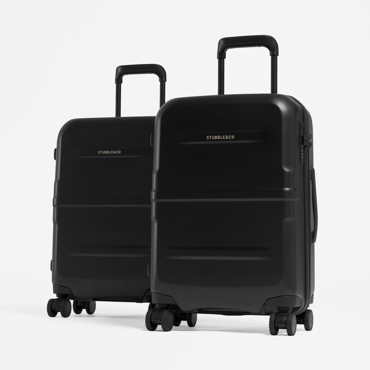 Two black hard-shell spinner suitcases, one large and one small. [All variants]
