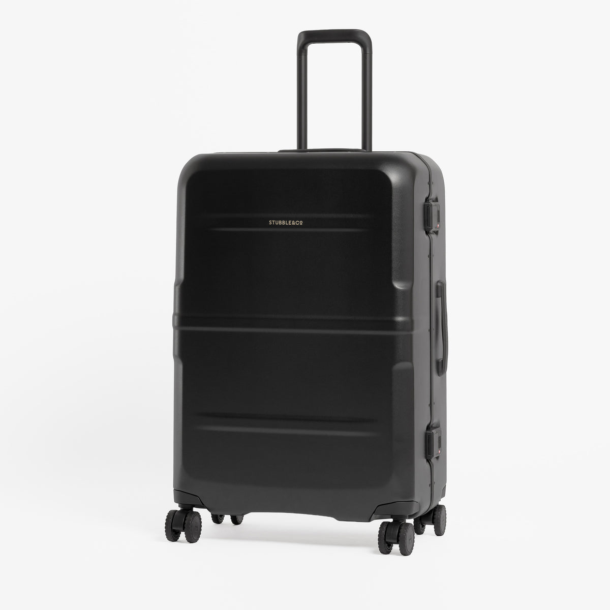 A black hard-shell spinner suitcase with an extended telescoping handle, standing upright against a clean white background. [All variants]