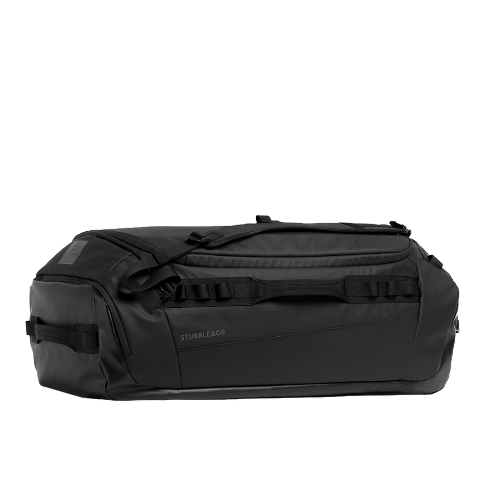 A black waterproof duffel bag with multiple compression straps and a top handle, shown on a solid white background.