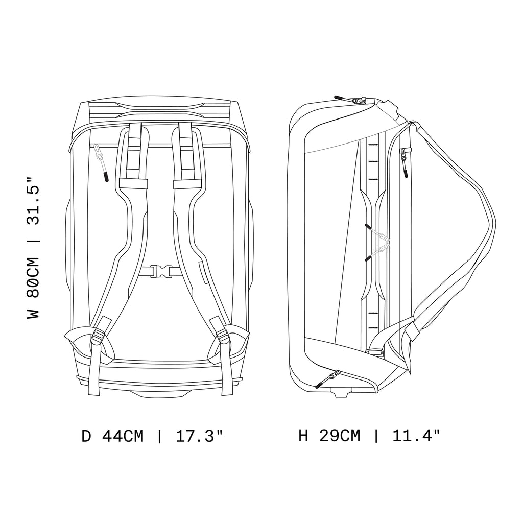 Black and white line art schematic showing the dimensions of a backpack, with front and side views, labeled width, depth, and height in centimeters and inches.