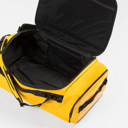 A bright Yellow duffel bag with a black interior, shown open to display its spacious capacity against a clean white background.