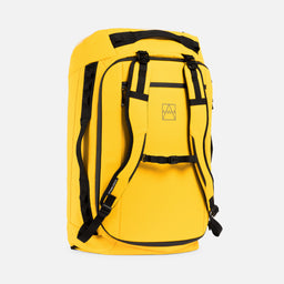A bright Yellow duffel bag with black straps, zippers, and trim, featuring a small gray mountain logo on the front pocket, set against a light gray background.