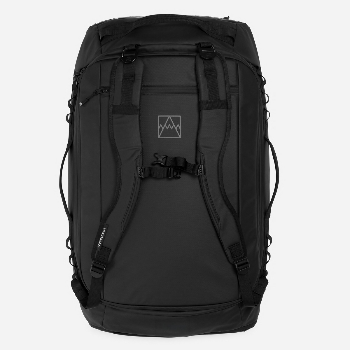 A black technical backpack shown from the front against a light gray background, featuring dual padded shoulder straps, compression buckles, side compression cords, and a small white mountain logo on the front.