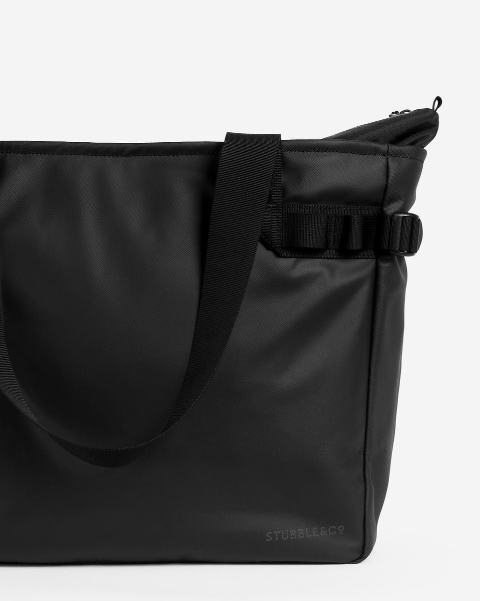 Close up of black tote bag