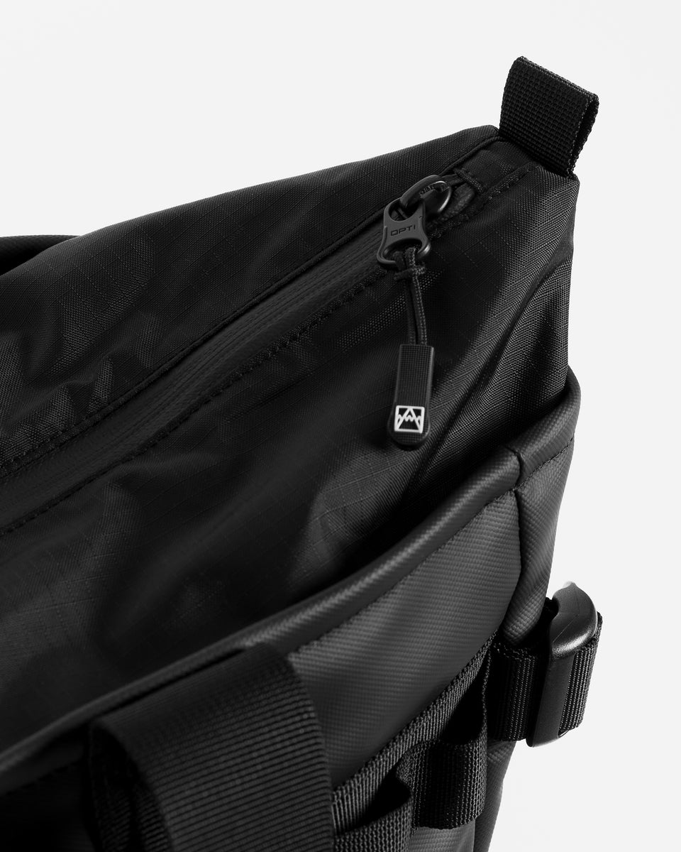 Close up of black tote bag zip