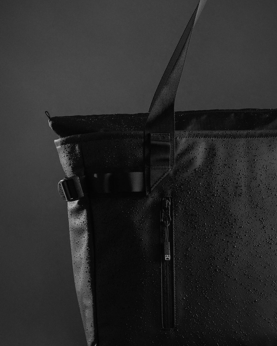 Close up of black tote bag