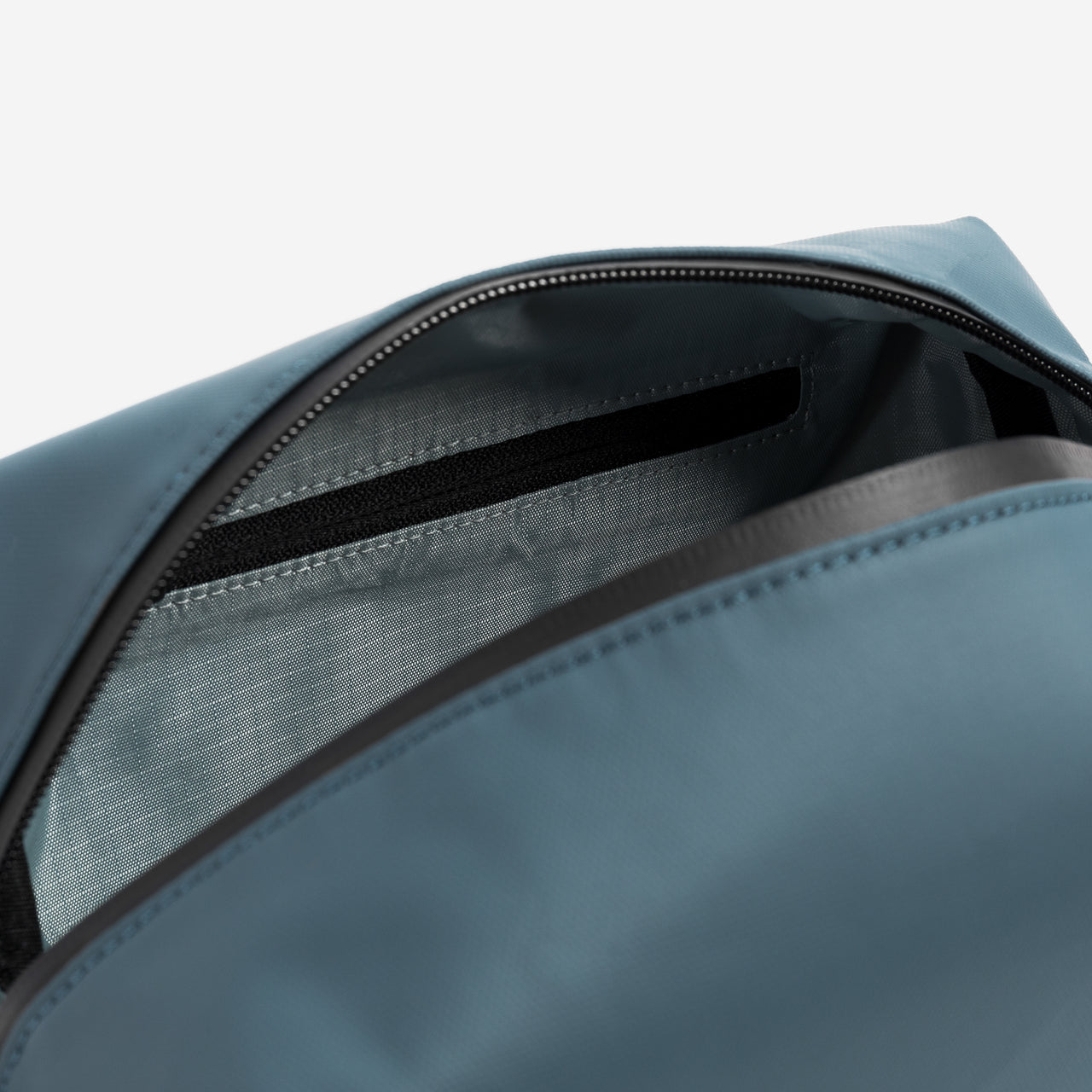 Recycled Plastic Wash Bag in Tasmin Blue close up open