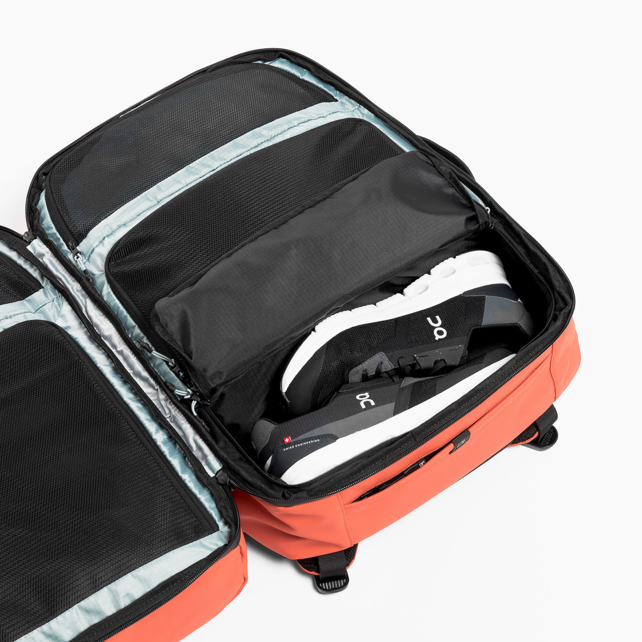 Adventure Bag in Ember Orange clam shell open view