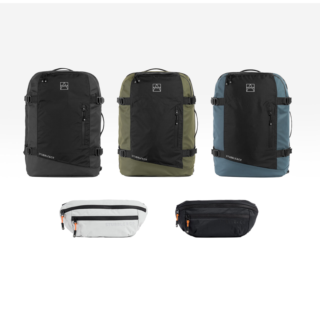 A collage of studio shot of all the colours of the adventure bags and ultra light slings [All variants]