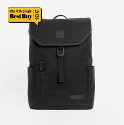 Front view of The Backpack in All Black with the Telegraph Best Buy 2024 logo in the top right corner