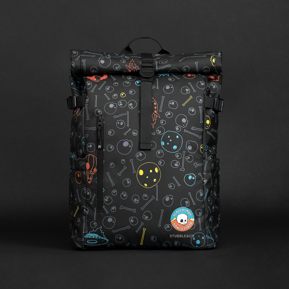Black bag with custom branding and illustrations