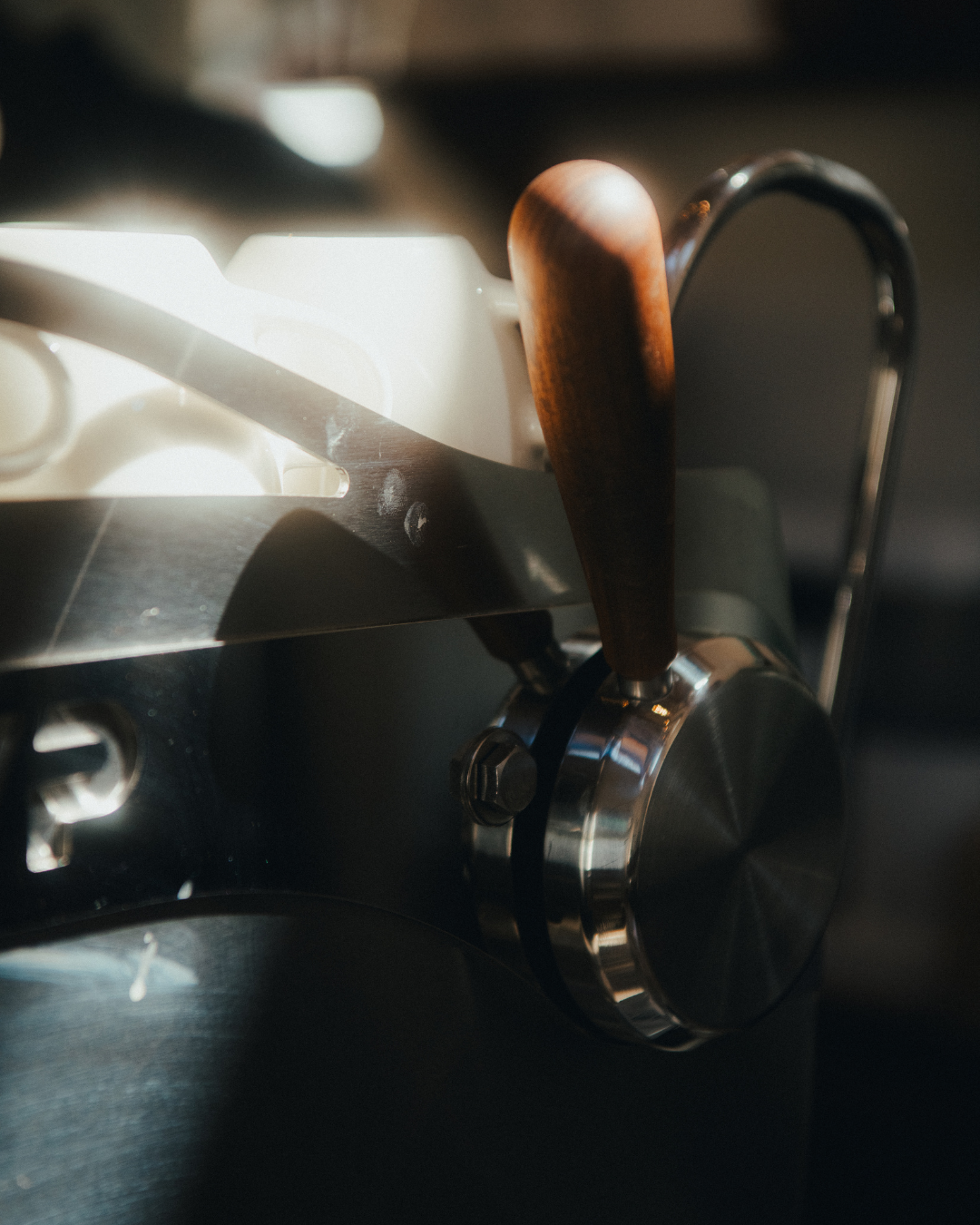 Close up of coffee machine and white cups in Pauline's Cafe, Cape Town