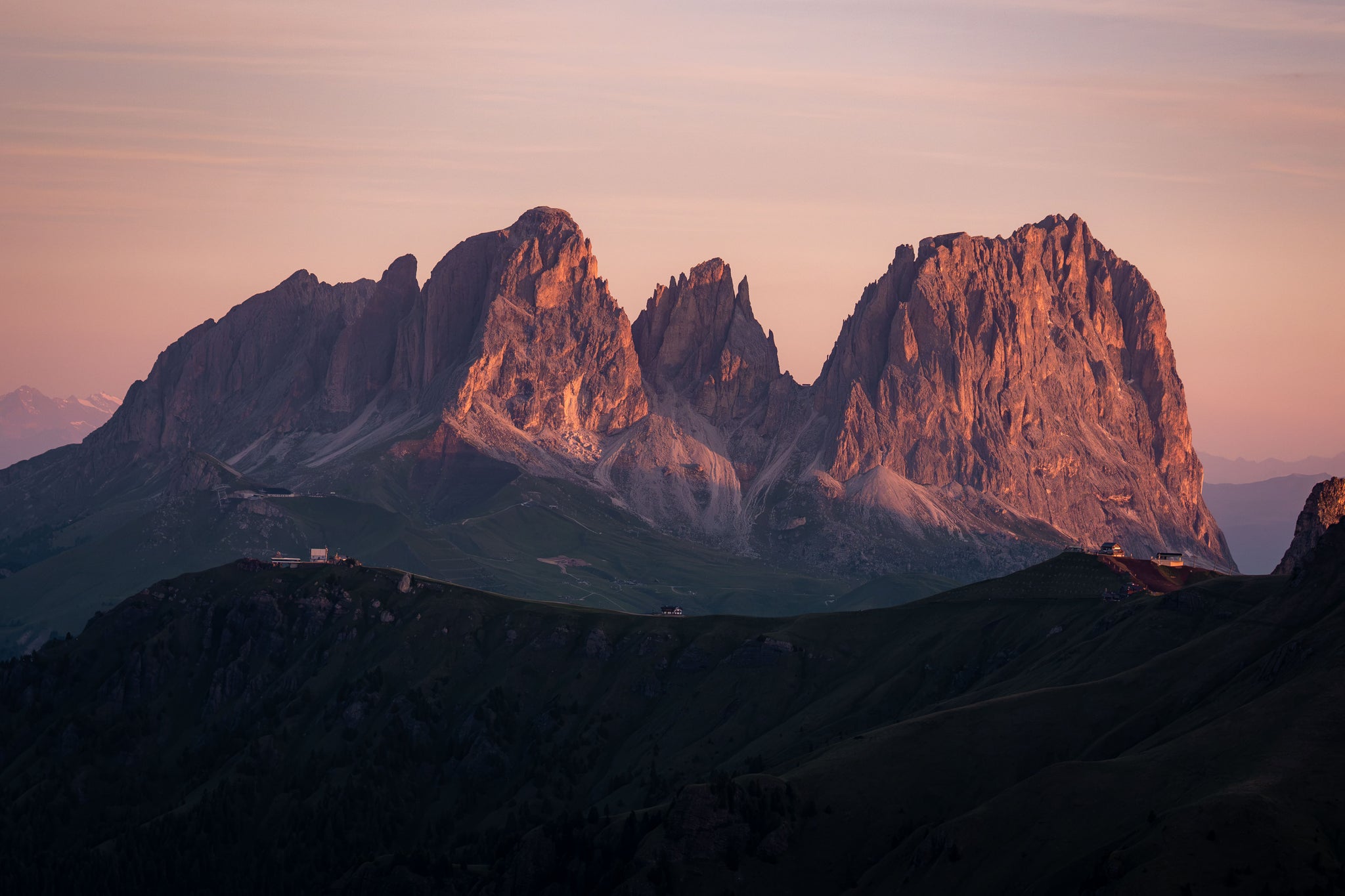 dolomites mountain range at sunrise