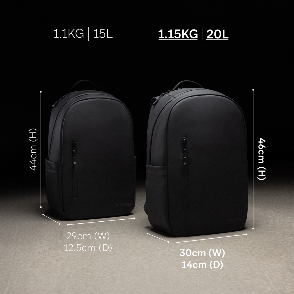 Everyday Backpacks with the dimensions annotated on them of their capacity, height, width and depth