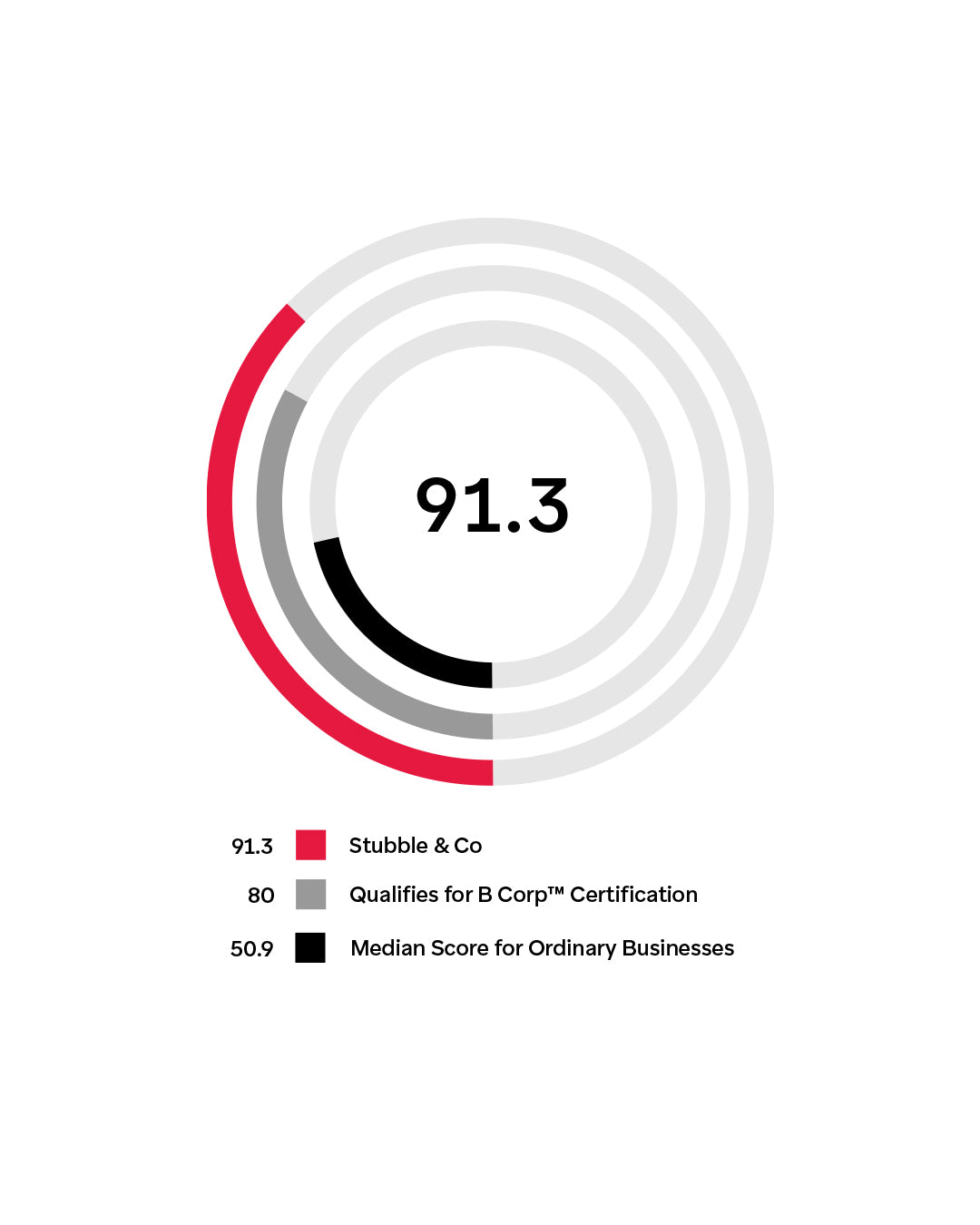 a graph comparing Stubble and Co's scores and general company averages across the 5 of b corp measurements