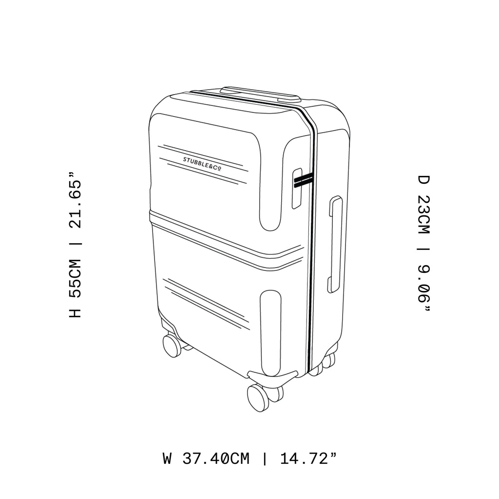 Black and white line drawing of a hard-shell suitcase with dimension labels.