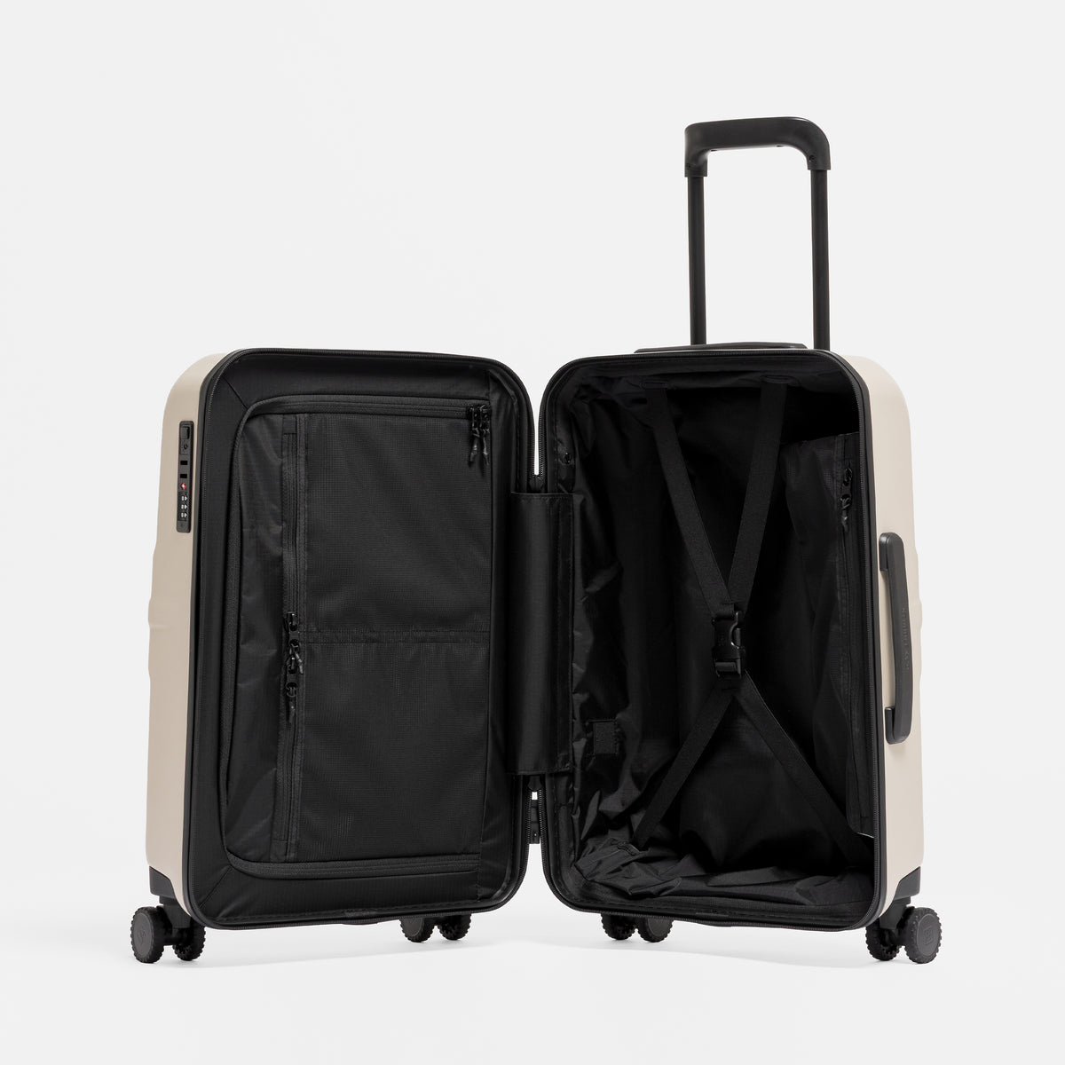 A studio shot of the Hardshell 40L in Sand standing up and open