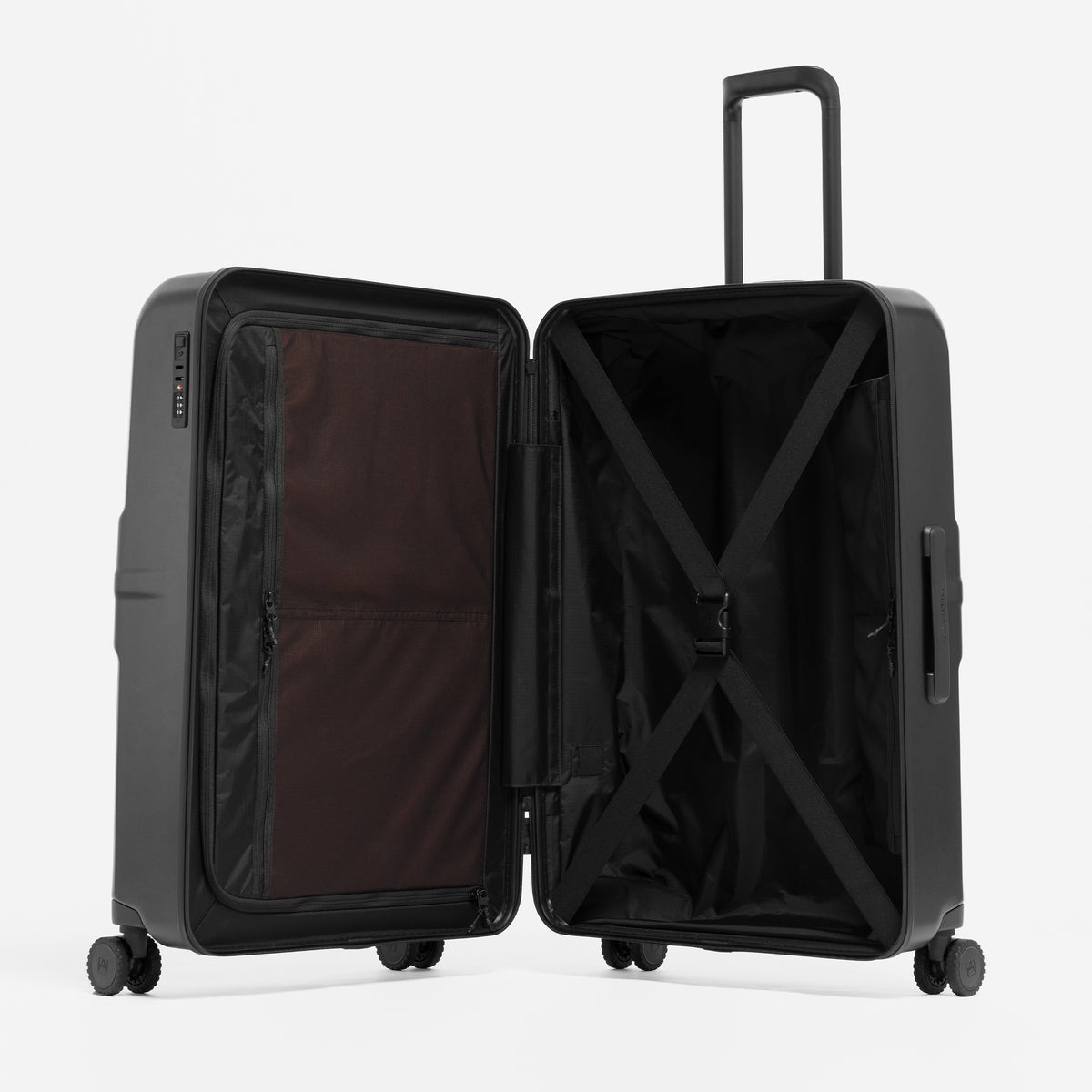A studio shot of the Hardshell 95L in All Black standing and open
