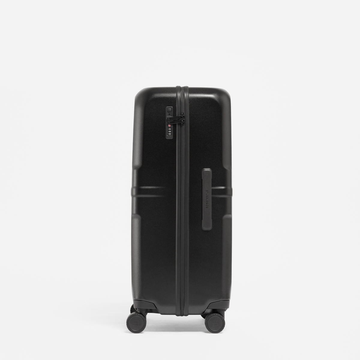 A studio shot of the side grab handle and lock on the Hardshell 95L in All Black