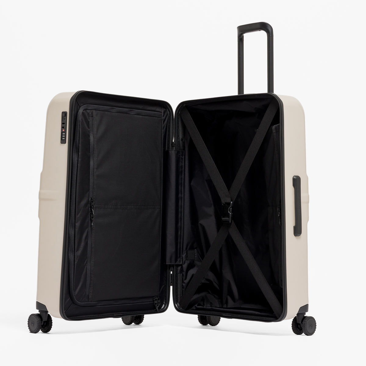 A studio shot of the Hardshell 95L in Sand standing up and open