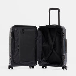A studio shot of the Hardshell Pro 40L in Midnight Blue standing and open
