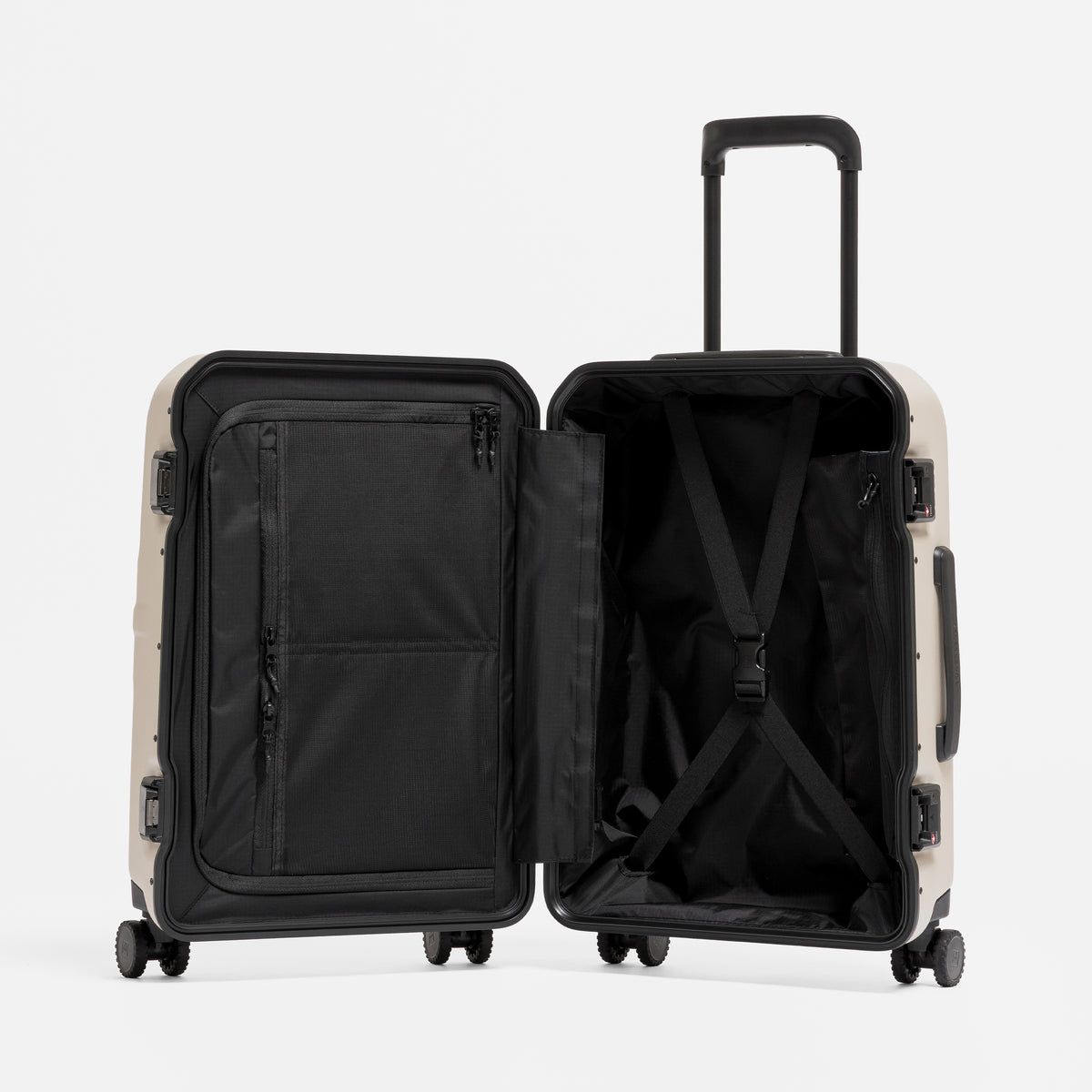 A studio shot of the the Hardshell Pro 40L in Sand standing and open