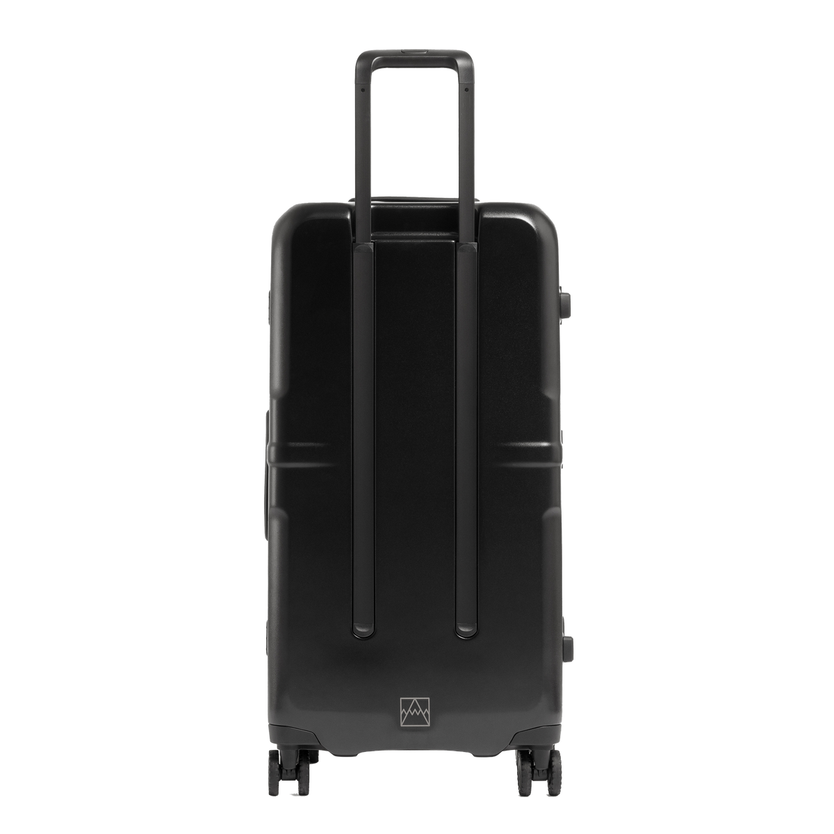 A matte black hard-shell spinner suitcase with an extended telescoping handle, shown from the front on a solid white background.