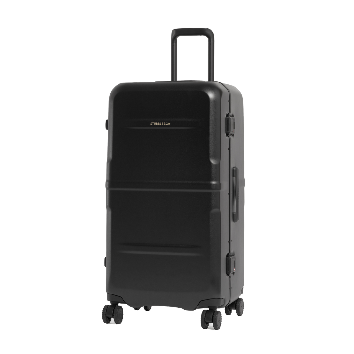 A black hard-shell spinner suitcase with an extended telescoping handle, shown from a three-quarter angle on a solid white background.