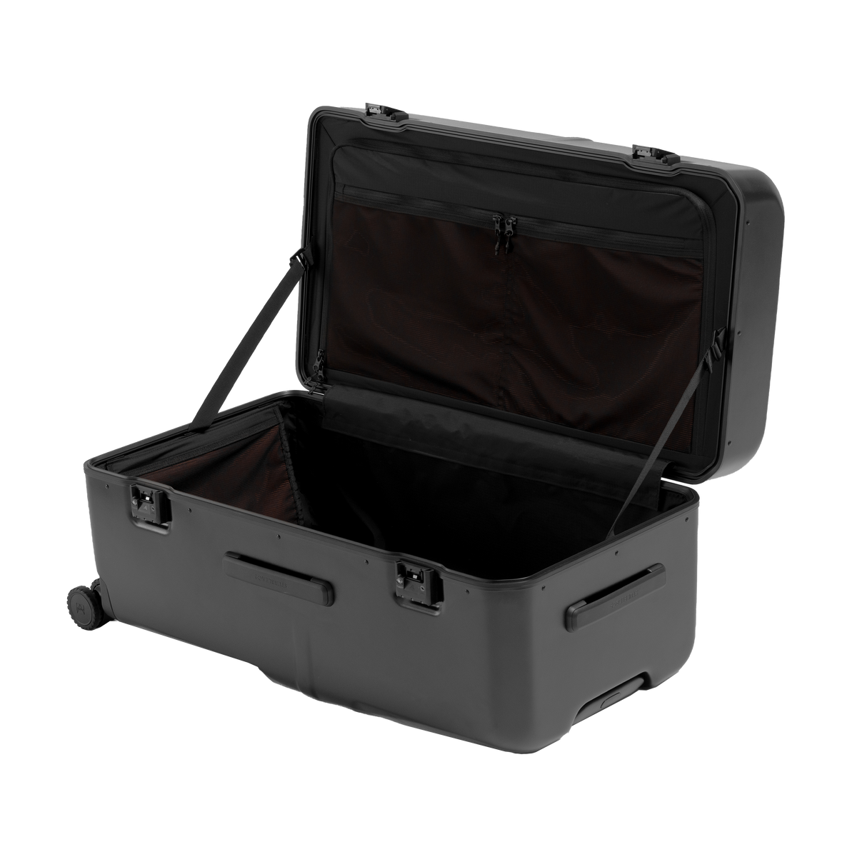 An open black hard-shell suitcase with wheels, shown on a clean white background. The interior features a dark brown lining and a zippered organizer pocket on the inside lid.