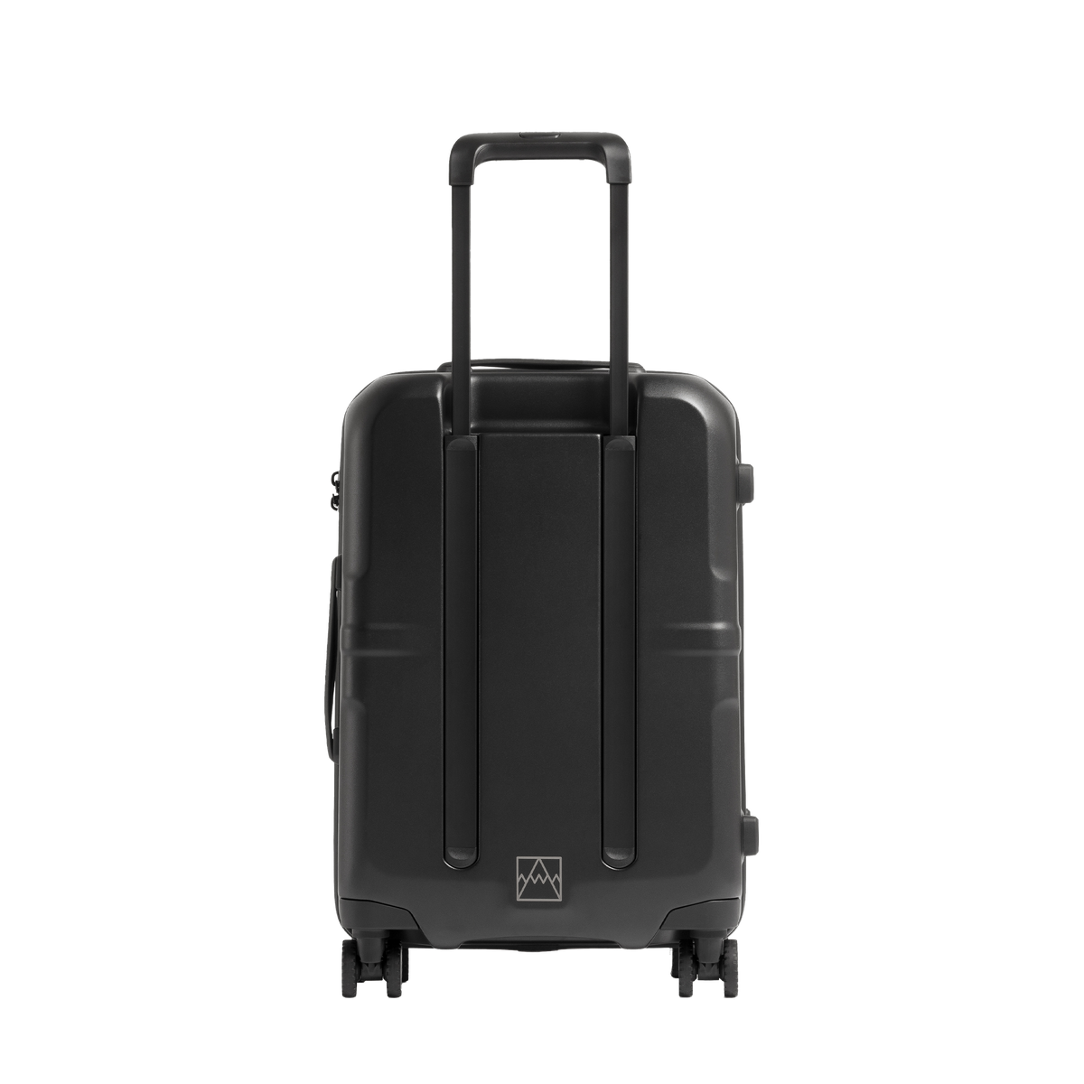 A black hard-shell spinner suitcase with an extended telescoping handle and four wheels, shown from the rear three-quarter view against a solid white background.