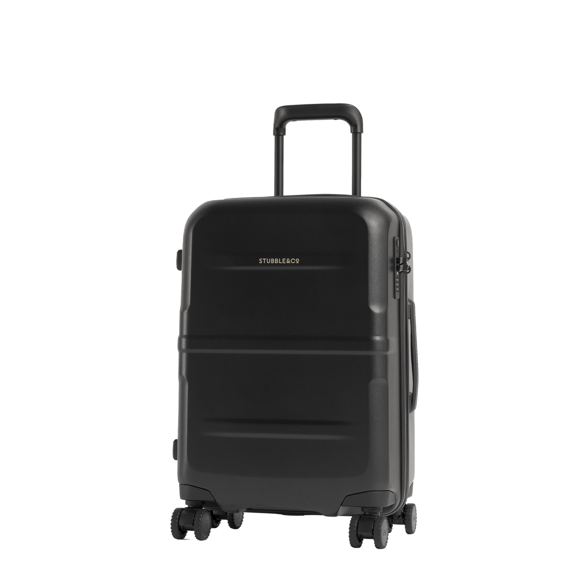 A black hard-shell spinner suitcase with an extended telescoping handle, shown from a three-quarter angle against a solid white background.